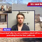 A mother 'played dead' after her son's crossbow attack left her with 'arrows protruding from her face,' police say