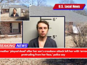 A mother 'played dead' after her son's crossbow attack left her with 'arrows protruding from her face,' police say