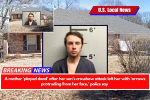 A mother 'played dead' after her son's crossbow attack left her with 'arrows protruding from her face,' police say