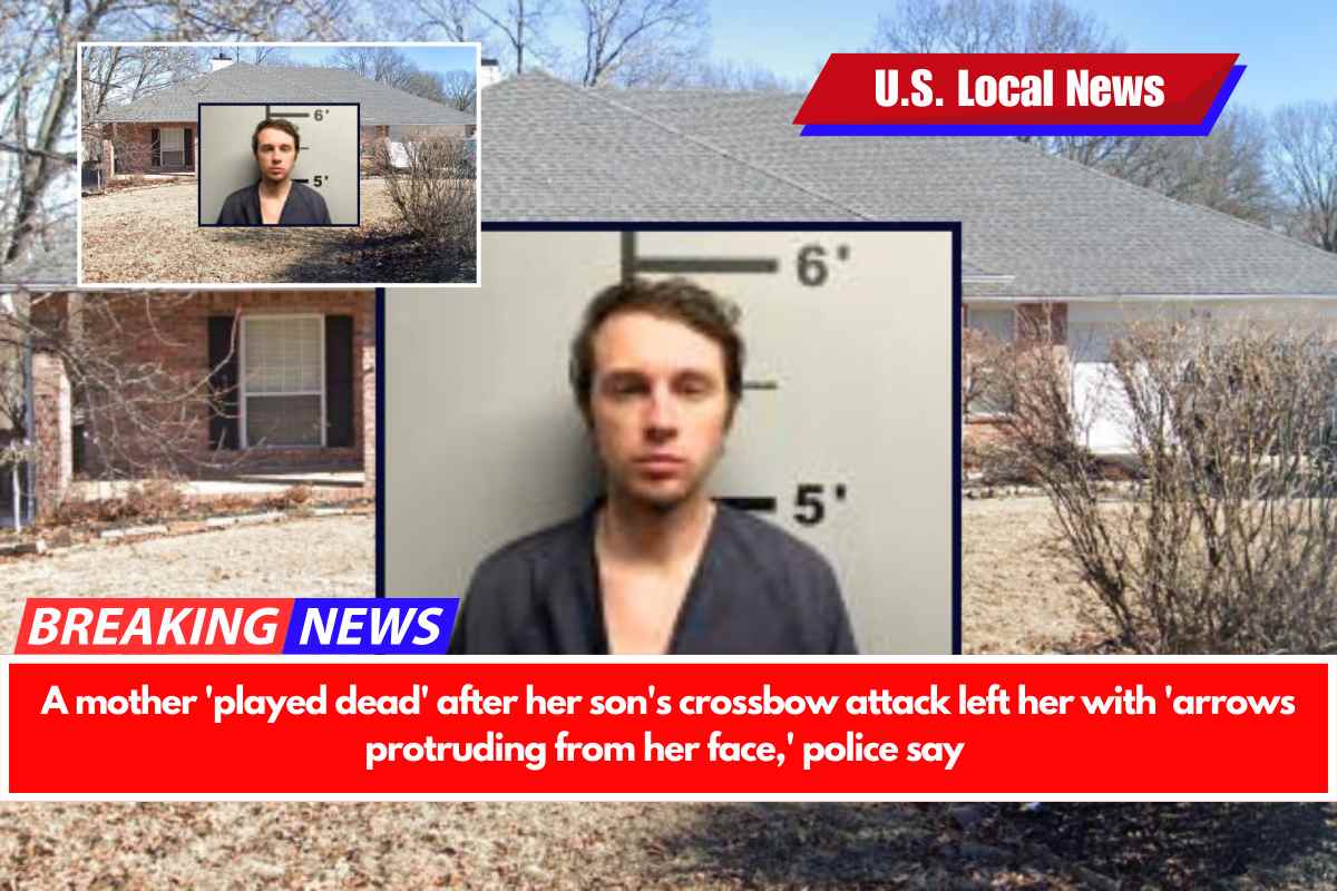 A mother 'played dead' after her son's crossbow attack left her with 'arrows protruding from her face,' police say